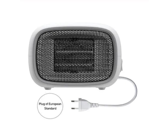 Mini home heater in green, white, or yellow with PTC ceramic heating, 500W power, and compact 158mm dimensions