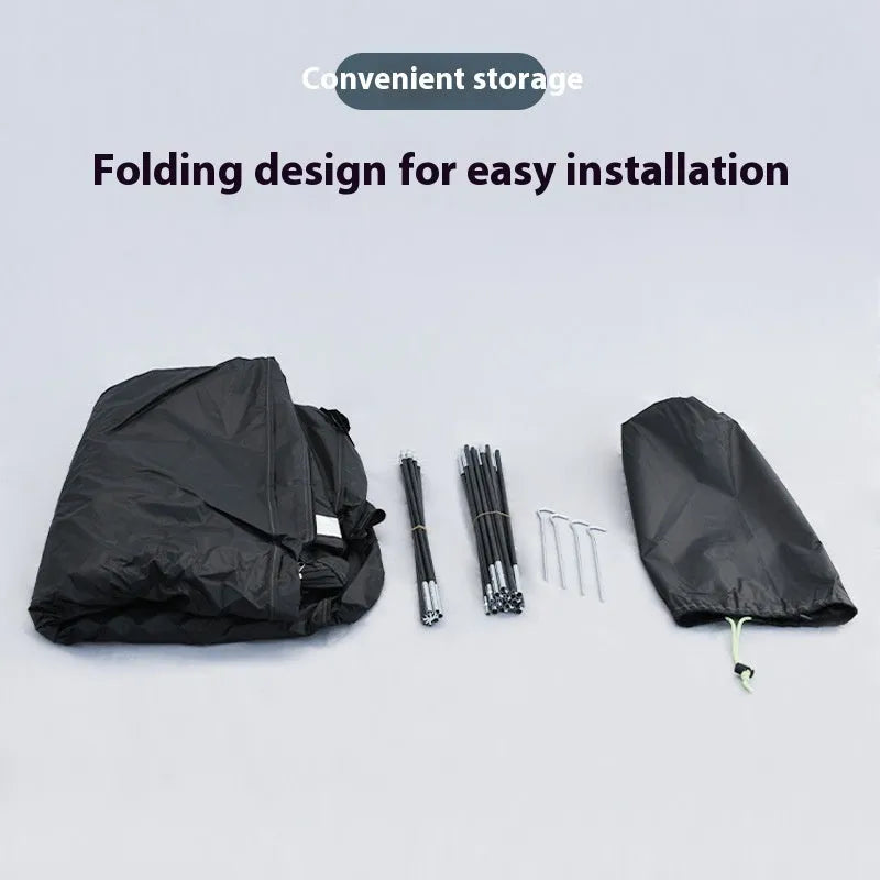 Black outdoor bicycle storage tent showing roof-style design suitable for 2-3 bicycles