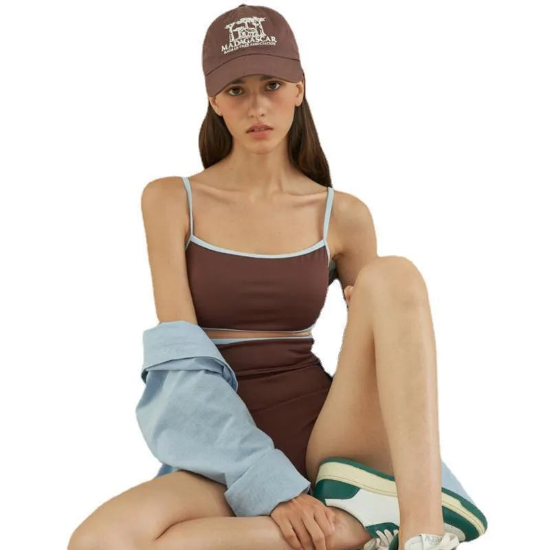 Brown triangle one-piece swimsuit for women with nylon fabric and sizes M, L, XL.