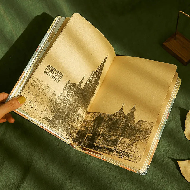 Carving Time A5 kraft paper mood notebook open to show retro illustrations, available in blue, coffee, or red.