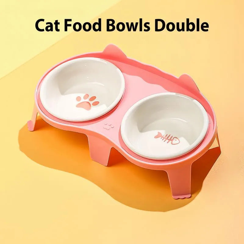 Ceramic cat food and water bowl set on elevated plastic stand with hook