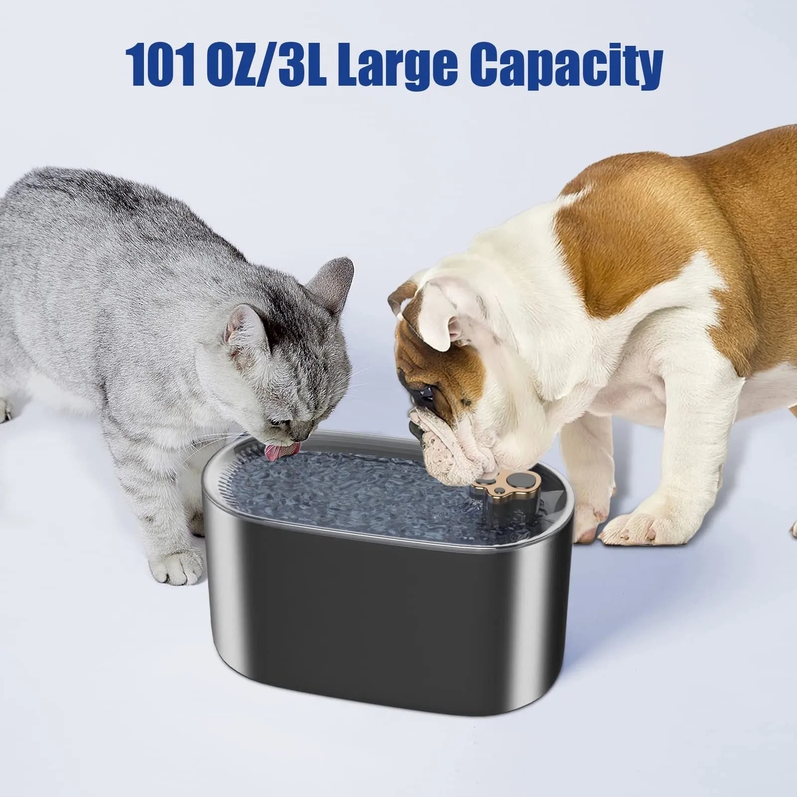 Berlin blue automatic cat water fountain with filter, LED light, and 3L capacity on a kitchen floor.