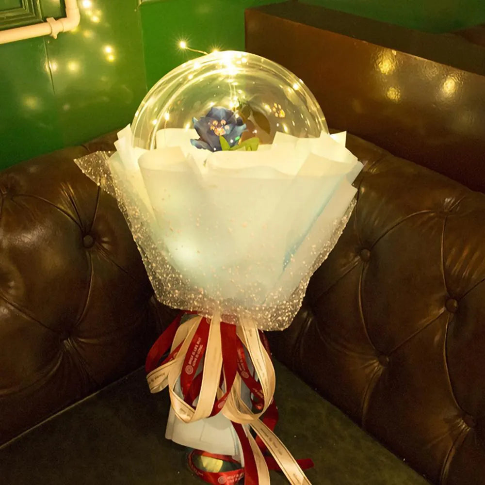 LED luminous balloon rose bouquet with transparent bobo ball design, artificial flowers, and LED lights for DIY Valentine's Day decorations
