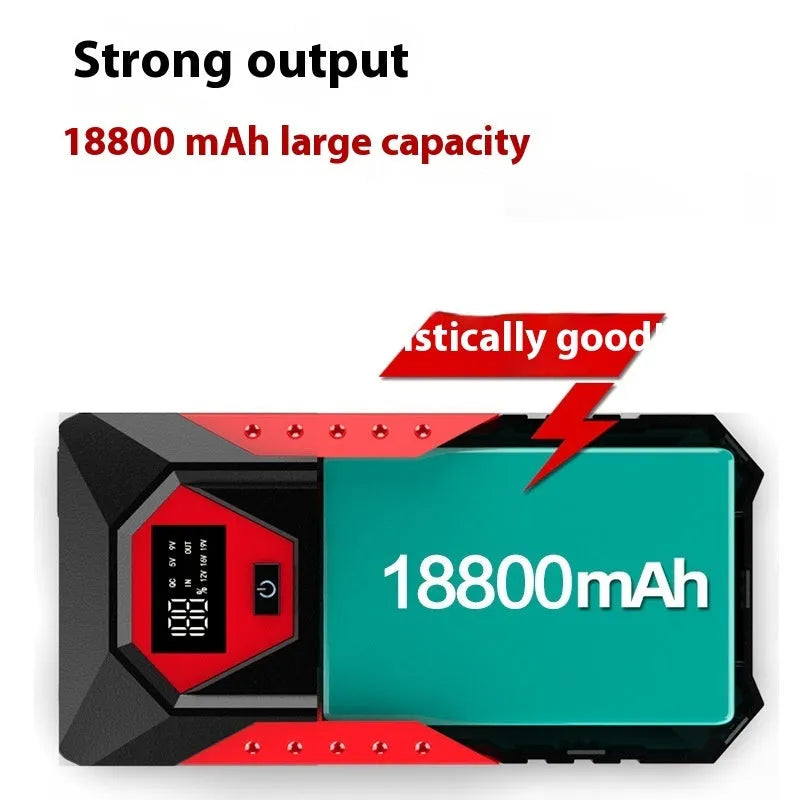 Red 12V car emergency jump starter power bank with battery clamps and 18800mAh capacity