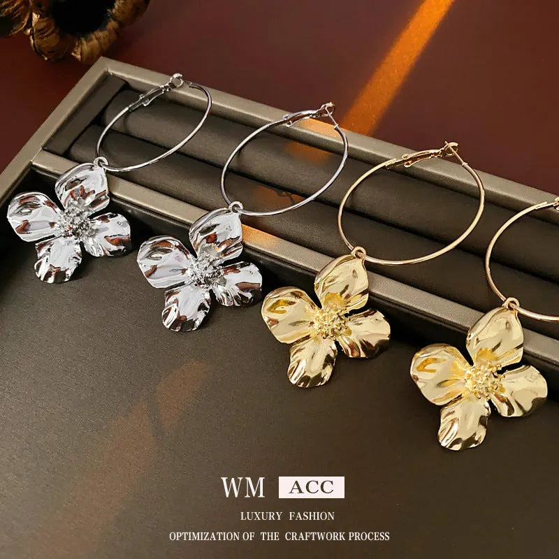 Silver needle metal flower earrings with electroplated gold or silver finish and vintage design