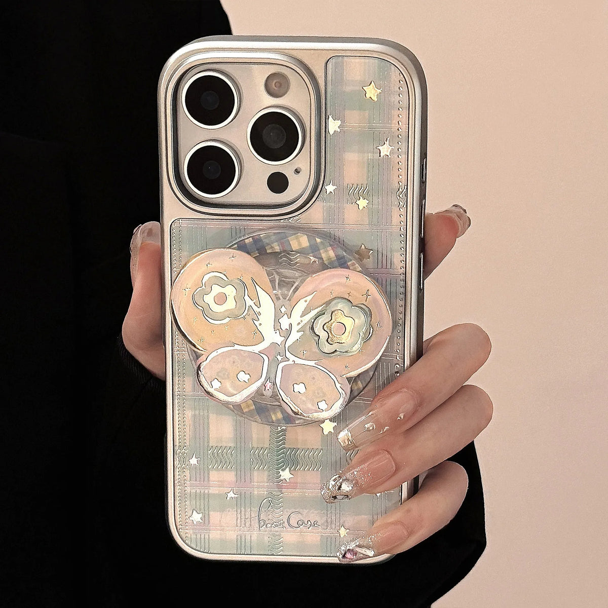 Gilding PC phone case with silver edge, plaid star butterfly pattern, rotating bow magnetic bracket for iPhone or Huawei
