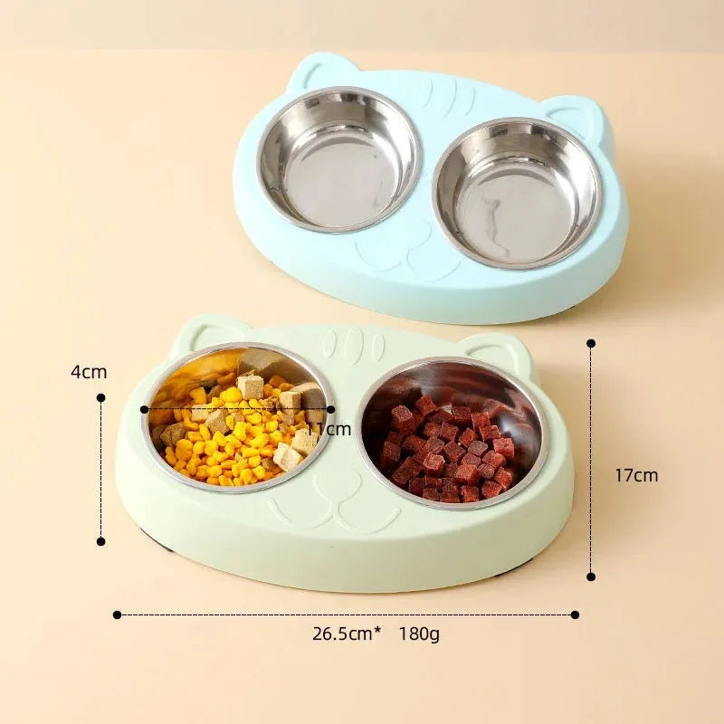 Blue plastic pet feeder with two bowls measuring 26.5cm by 17cm for food and water