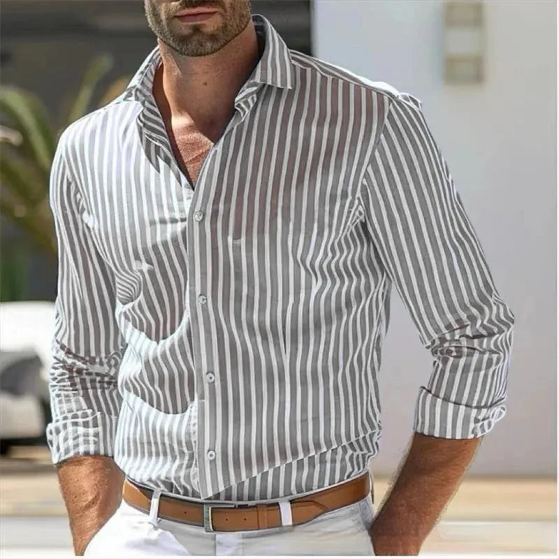 Men's slim fit striped long sleeve shirt in polyester, business commute style, sizes XS to 6XL