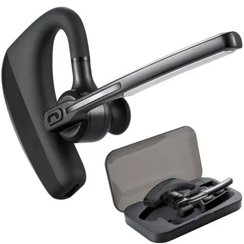 Black true wireless Bluetooth earbuds with charging case