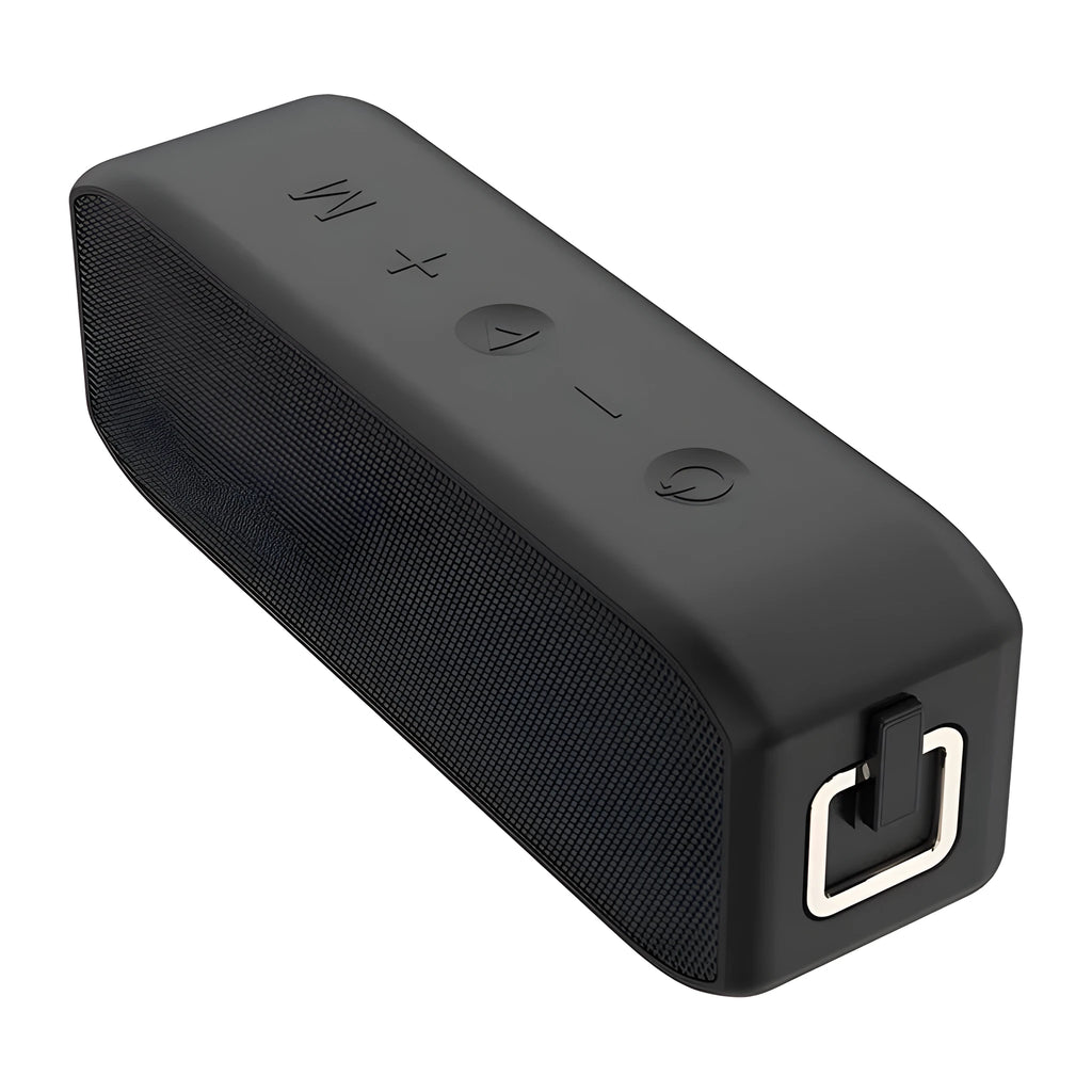 Black waterproof wireless bluetooth speaker with control buttons