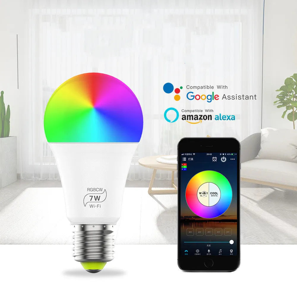Smart WiFi LED light bulb with colour changing and voice control for Alexa and Google Home.