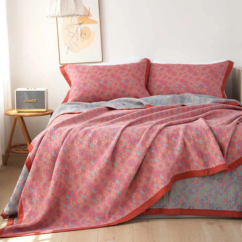 Three-piece cotton gauze bed blanket set with plant patterns in Flower Story colour options