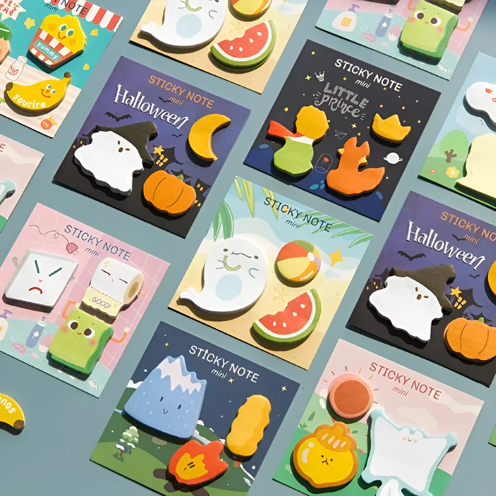 Halloween post-it notes with pumpkin patterns and trick-or-treat messages in seven colours