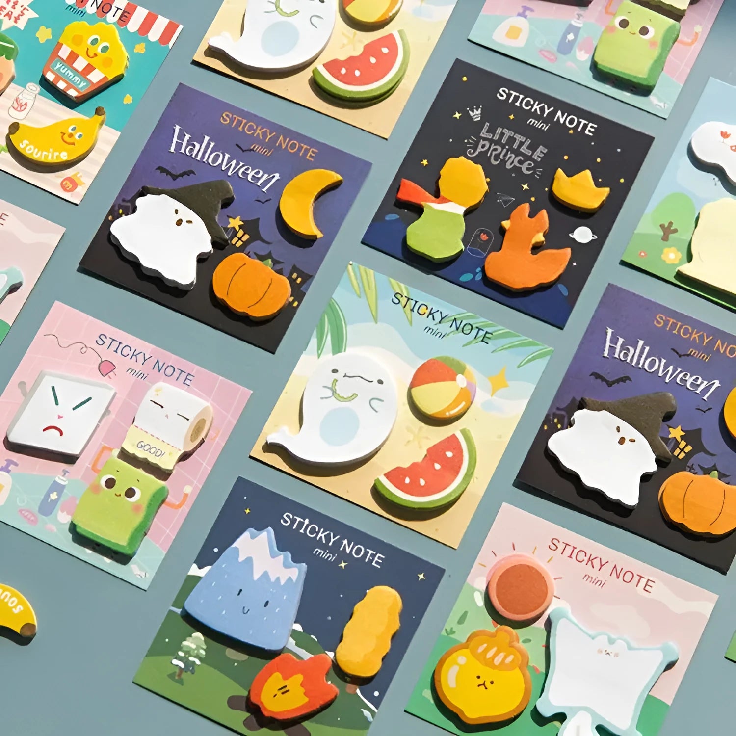 Halloween post-it notes with pumpkin patterns and trick-or-treat messages in seven colours