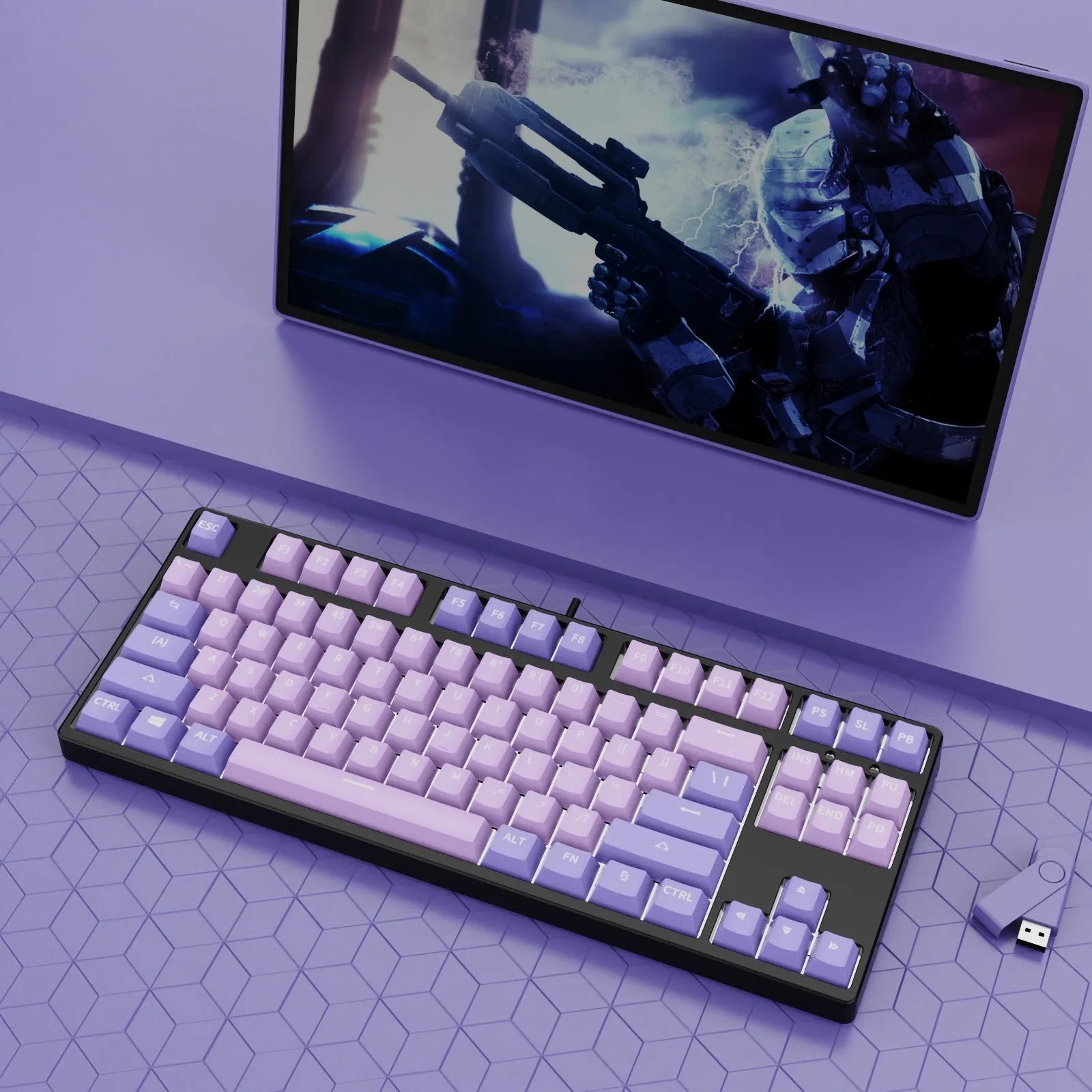 87-key wired mechanical keyboard with two-tone keycaps and metal frame, showing compact design and included tools