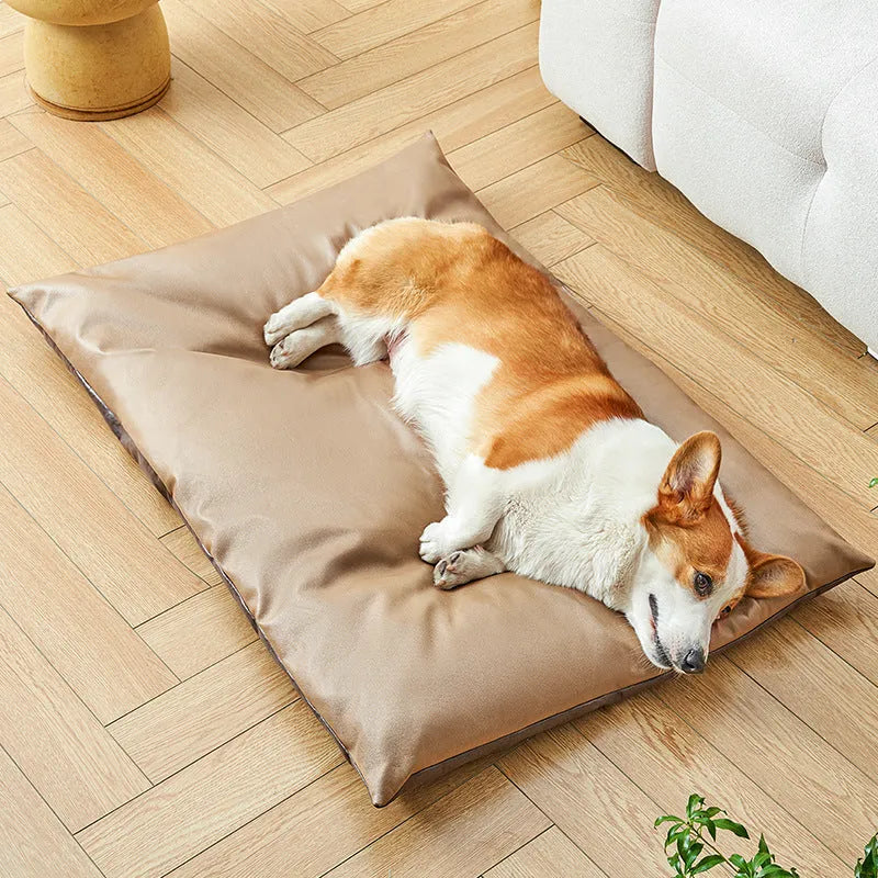 Blue and coffee coloured lightweight pet nest mat for cats and dogs, shown in four sizes S, M, L, and XL.