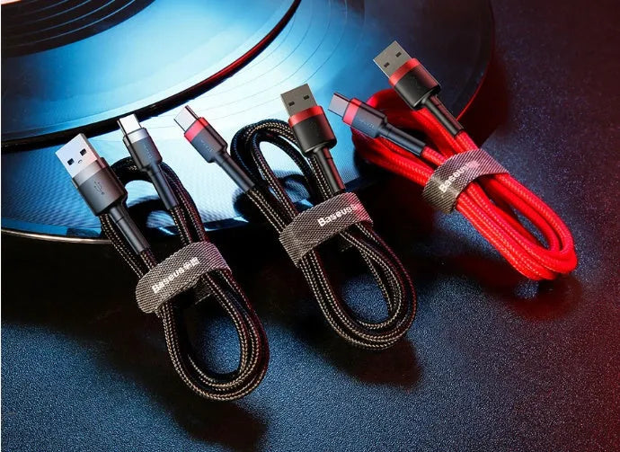 Android Micro USB charging cable with woven nylon braiding in grey black colour