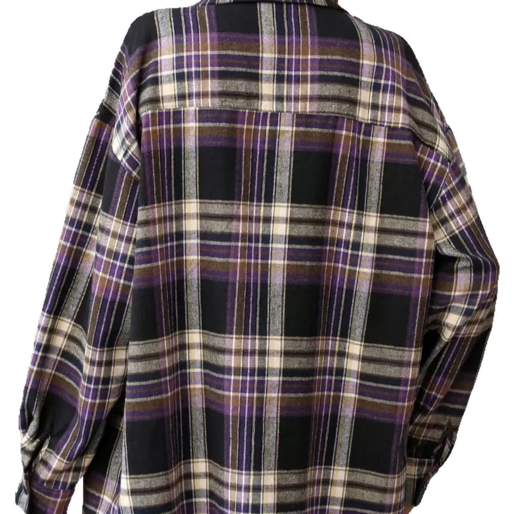 Women's loose fit plaid shirt in black, green, or purple with long sleeves and cotton fabric