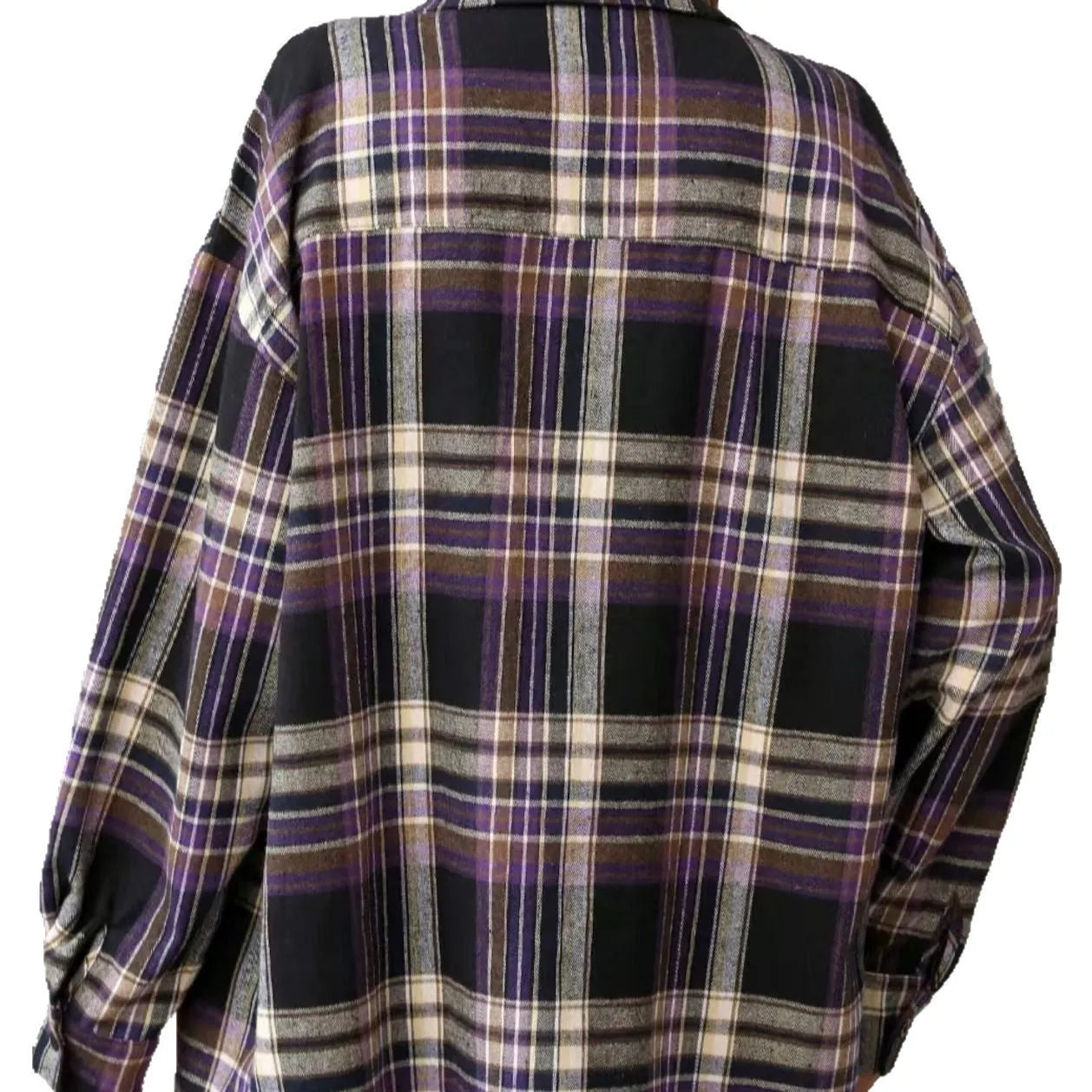 Women's loose fit plaid shirt in black, green, or purple with long sleeves and cotton fabric