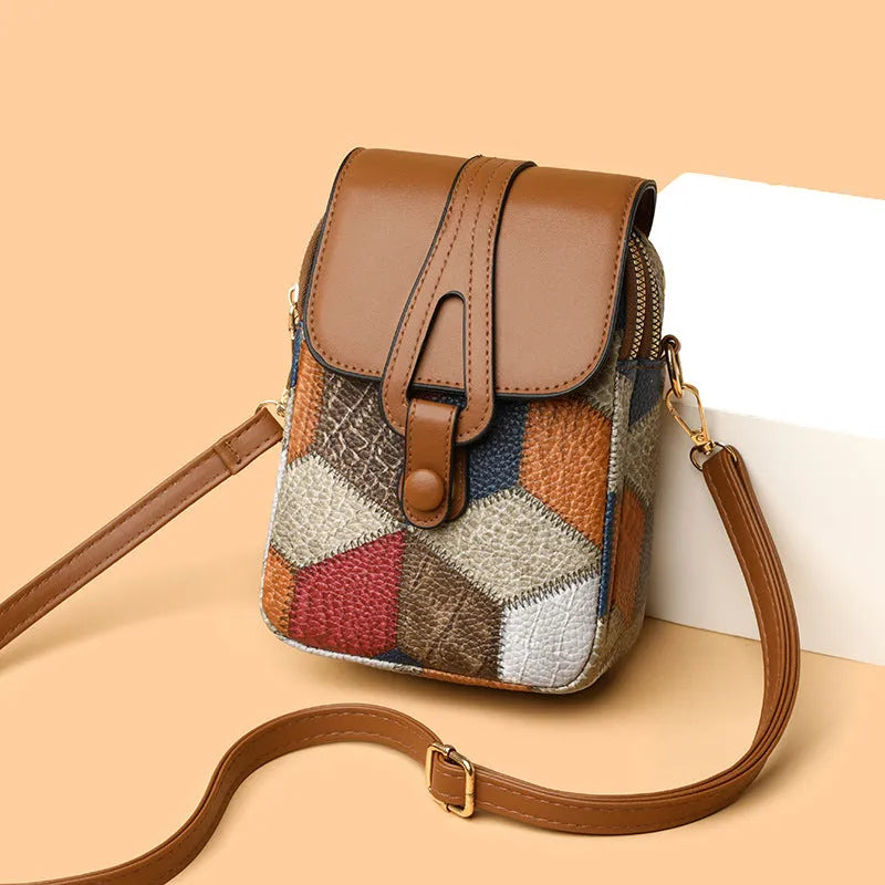 Vertical PU crossbody pouch in irregular blue brown with sandwich pocket and single shoulder strap
