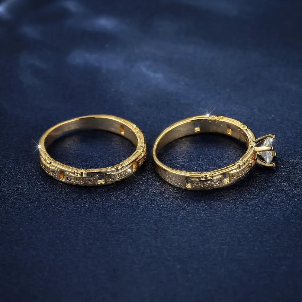Gold electroplated alloy couple ring set with micro inlaid zircon, geometric shape, sizes No 5 to No 11