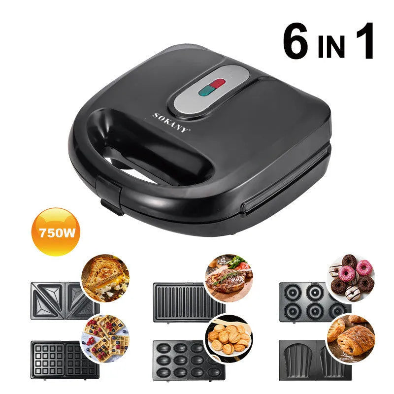 Black electric sandwich pan with double-sided heating, brushed stainless steel cover, and 29-31cm non-stick cooking surface