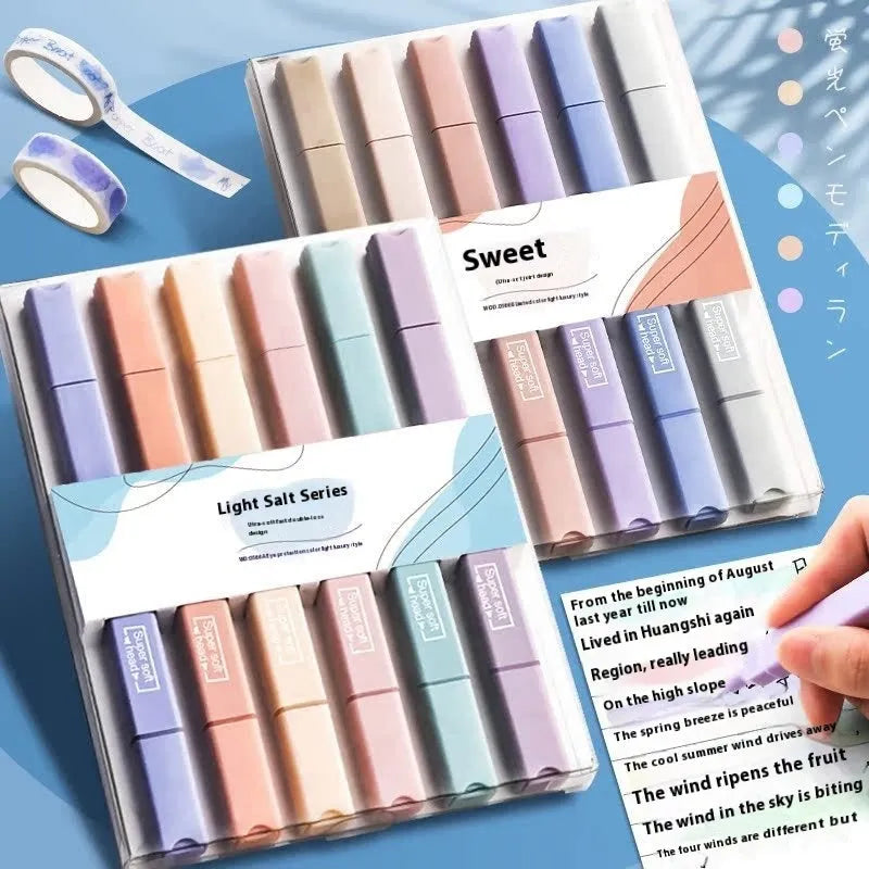 Double-headed fluorescent marking pens in sets of 6 or 12, showing vivid ink colours for highlighting