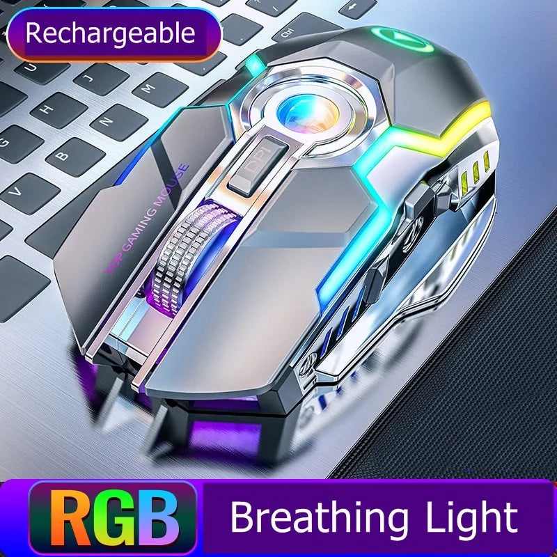 Wireless gaming mouse with RGB lighting, rechargeable battery, mute button, and USB receiver, in black or grey.