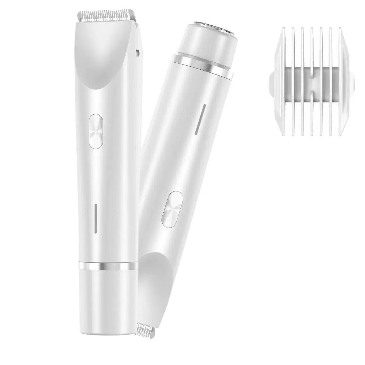 Pink women's electric razor and trimmer with two heads, USB cable, and brush on a white background.