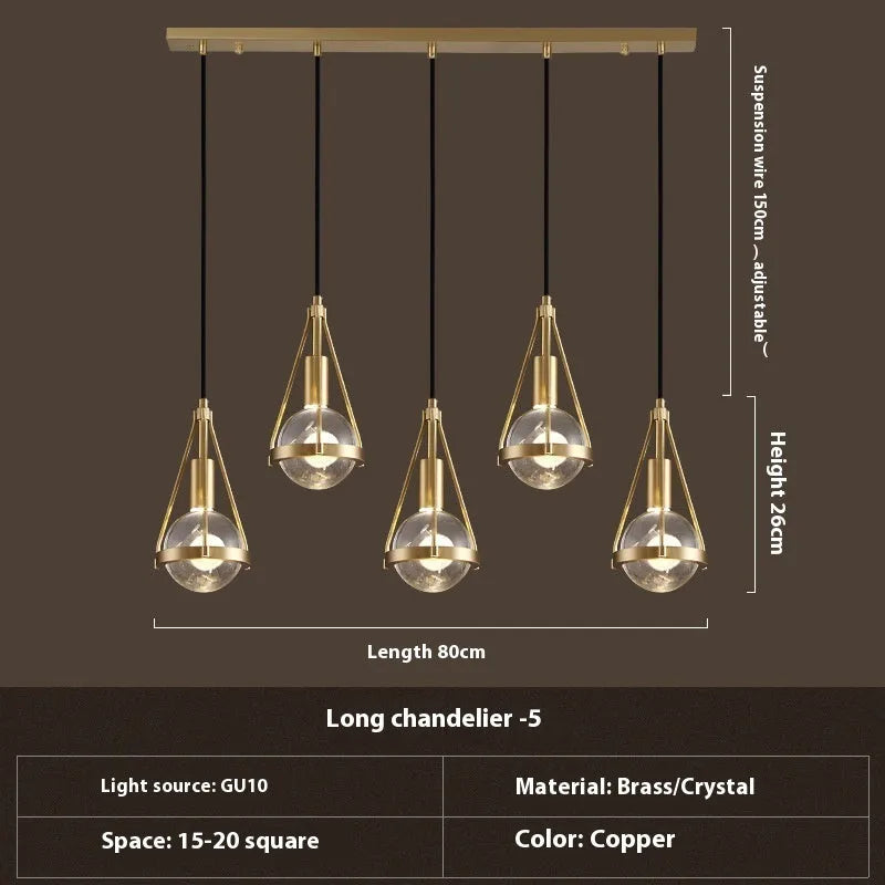 Copper and crystal chandelier with multiple head configurations for bedroom lighting