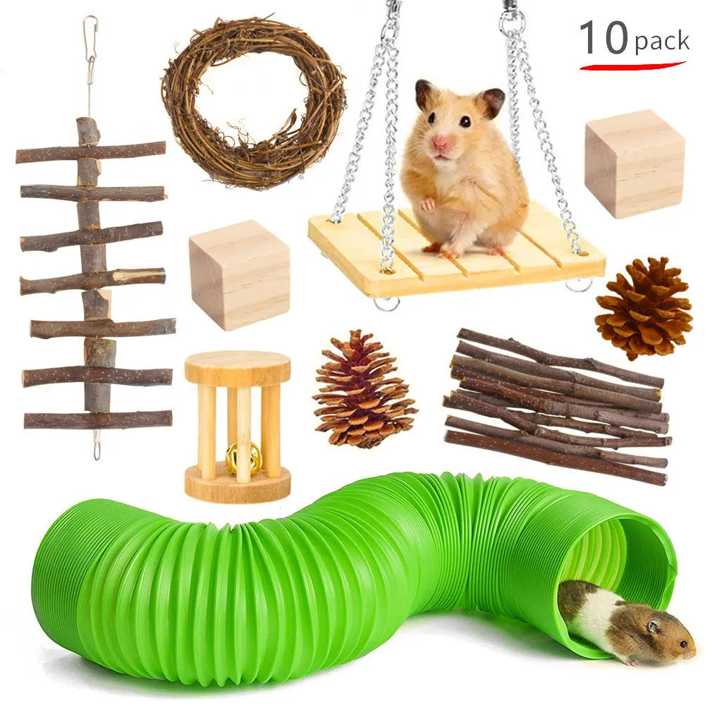 Natural wood toy collection for small animals including straw mats, woven balls and chewable shapes