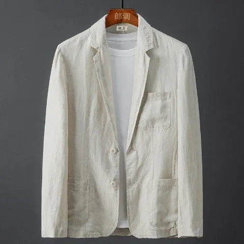Men's slim fit solid colour linen suit jacket in lightweight fabric with nine-point sleeves