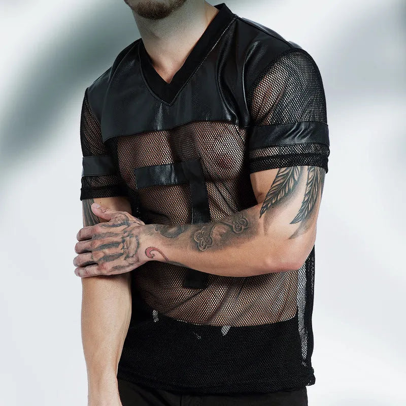 Black men's V-neck mesh sports T-shirt with short sleeves on size chart background