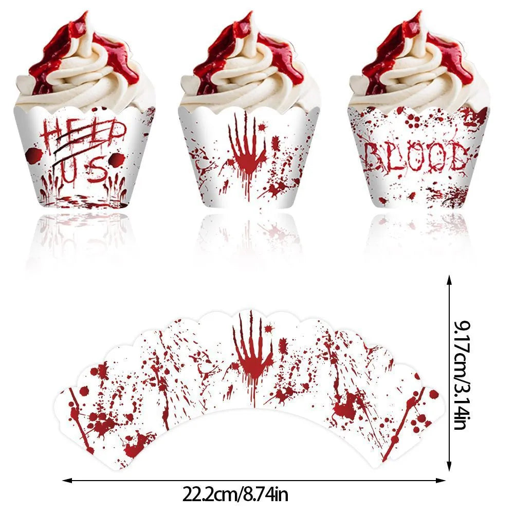 12 red blood-handed Halloween paper cake borders for cupcake and cake decoration