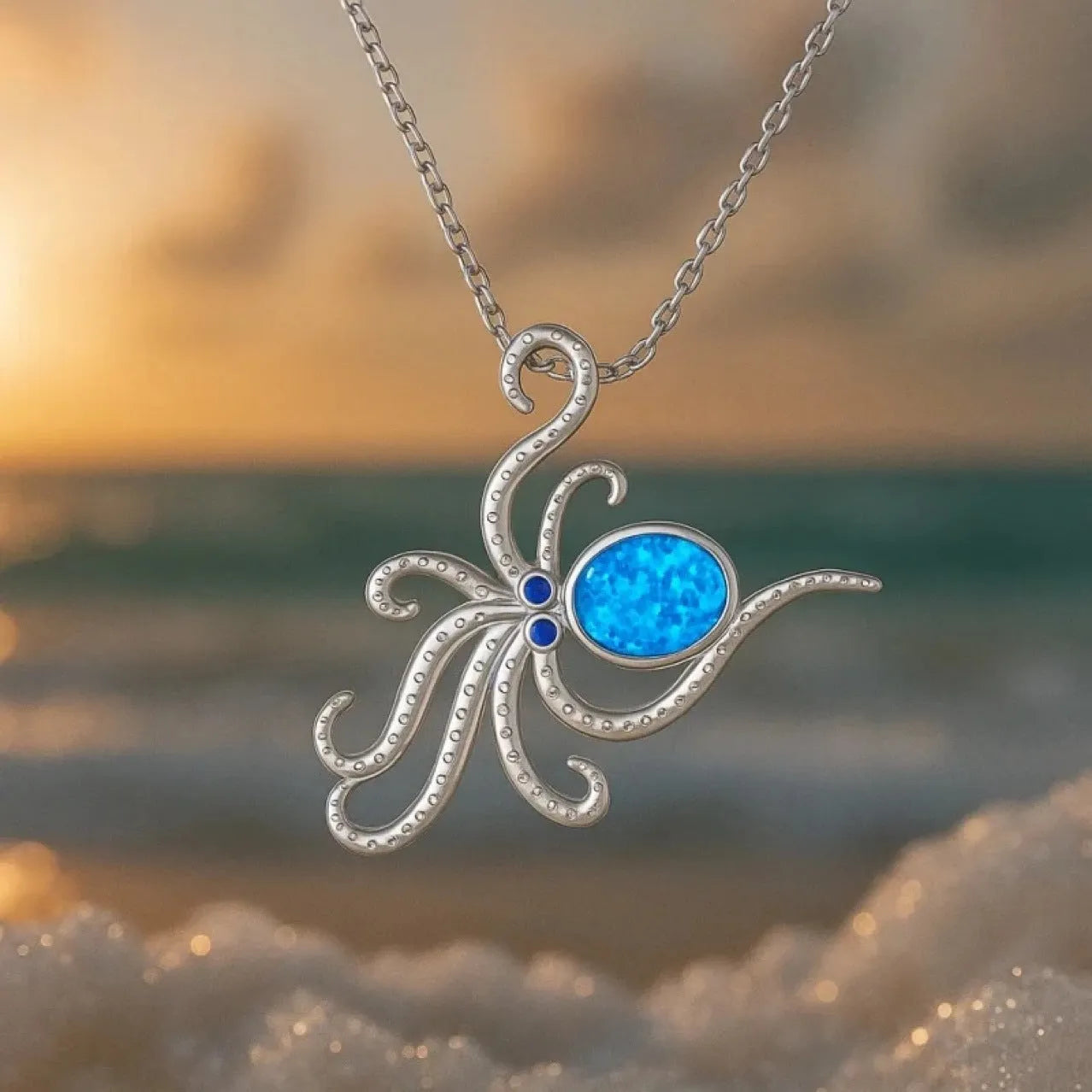 Geometric opal pendant necklace with stainless steel box chain in silver colour