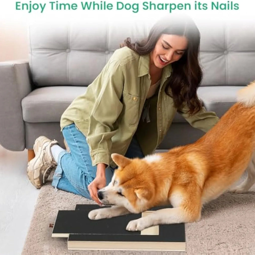 Wooden dog nail scratch board with a treat drawer and non-slip rubber feet on a floor.