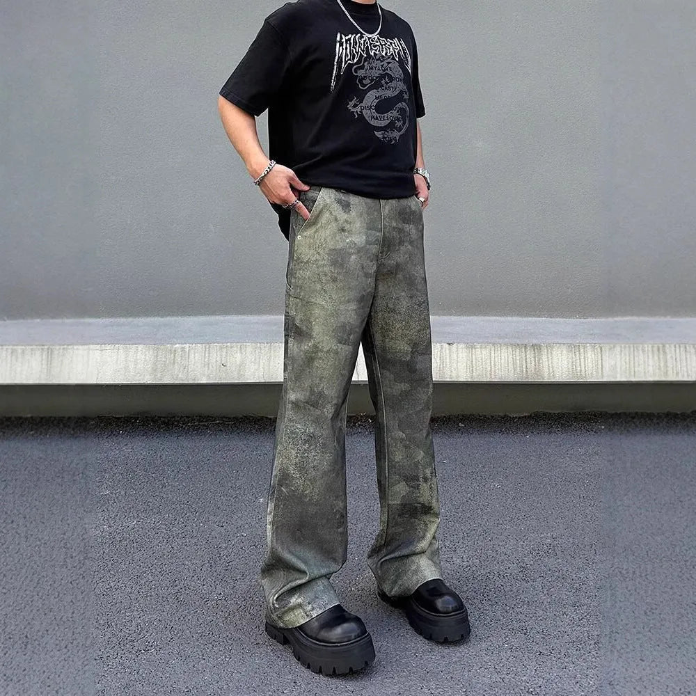 Men's retro camouflage jeans with straight-leg cut and cotton denim fabric in sizes S to 3XL