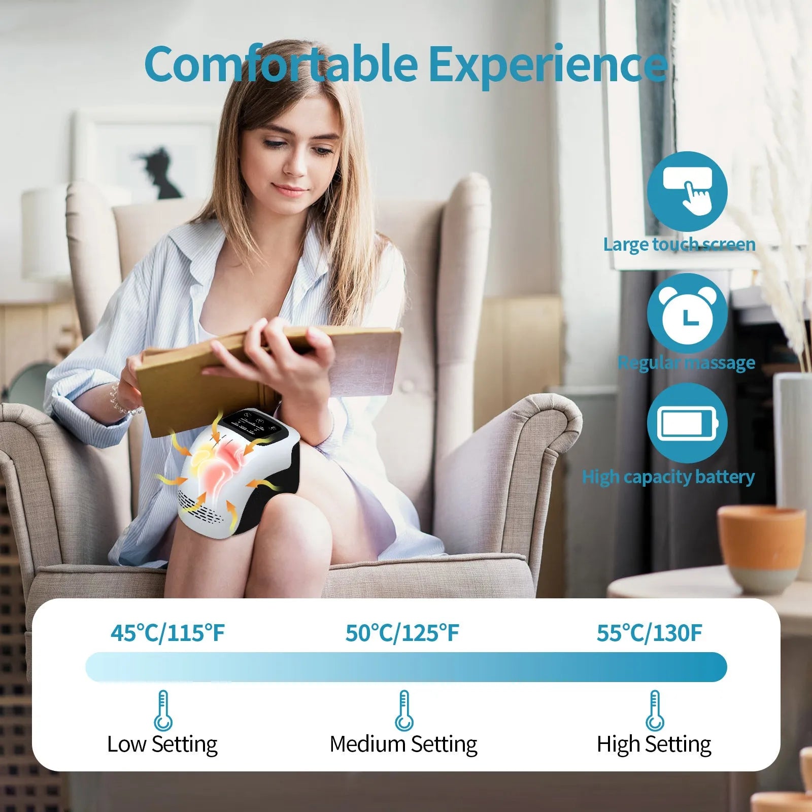 White intelligent electric knee massager with adjustable straps, showing control panel for heat and vibration settings.