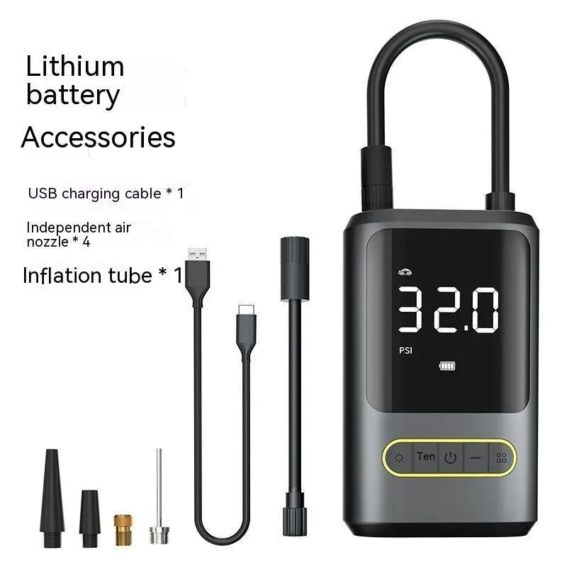 Handheld wireless air pump with digital display showing pressure reading, measuring 49x87x137mm with LED light illuminated