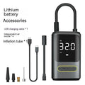 Handheld wireless air pump with digital display showing pressure reading, measuring 49x87x137mm with LED light illuminated
