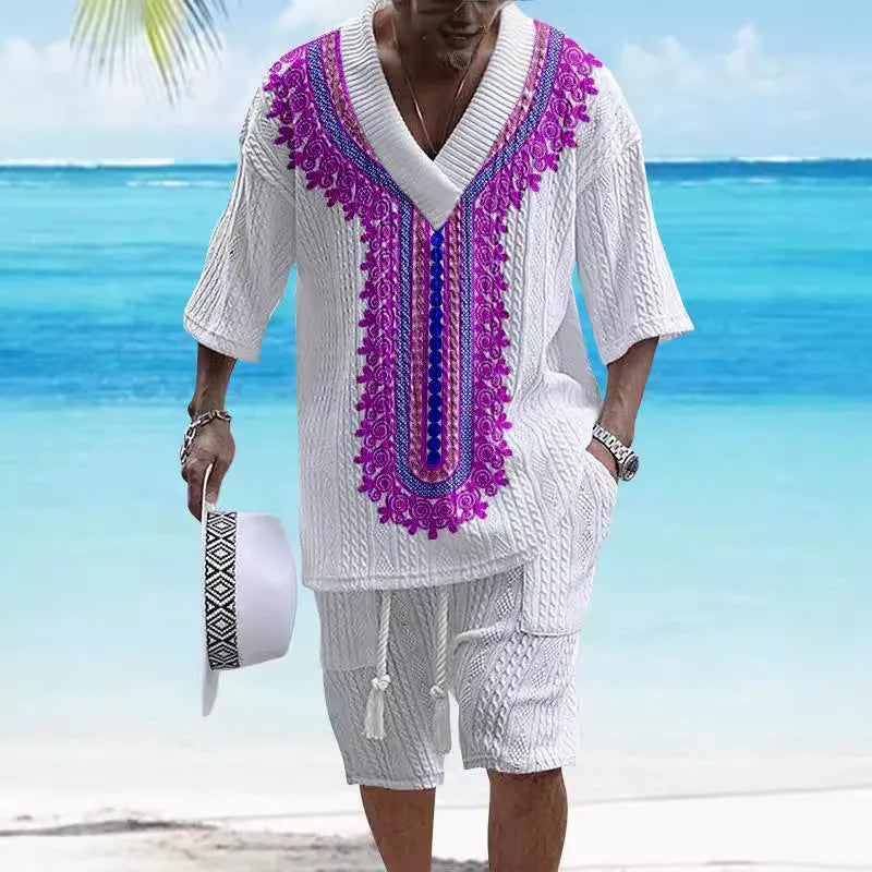 Printed drop-shoulder men's knitted short-sleeved shorts suit in chemical fibre blend, available in multiple colours and sizes