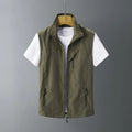 Men's slim-fit rabbit fur vest with hood in army green colour, showing front view and detailing.
