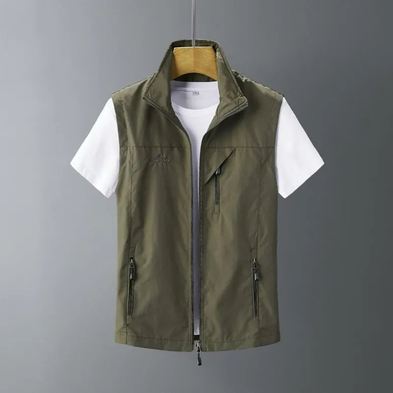 Men's slim-fit rabbit fur vest with hood in army green colour, showing front view and detailing.