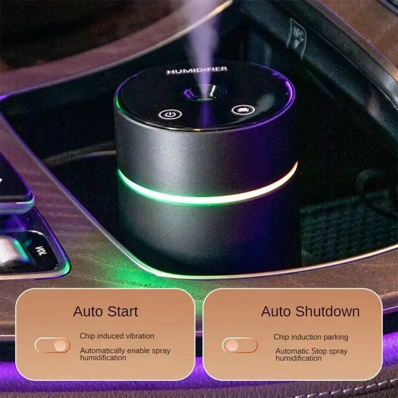 Black portable car air humidifier with aluminium tank, 66x66x144mm size, and USB cable for essential oil diffusion