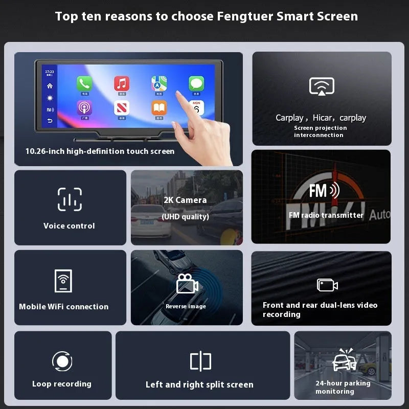 10-inch car smart screen with CarPlay, driving recorder, and reversing camera on dashboard