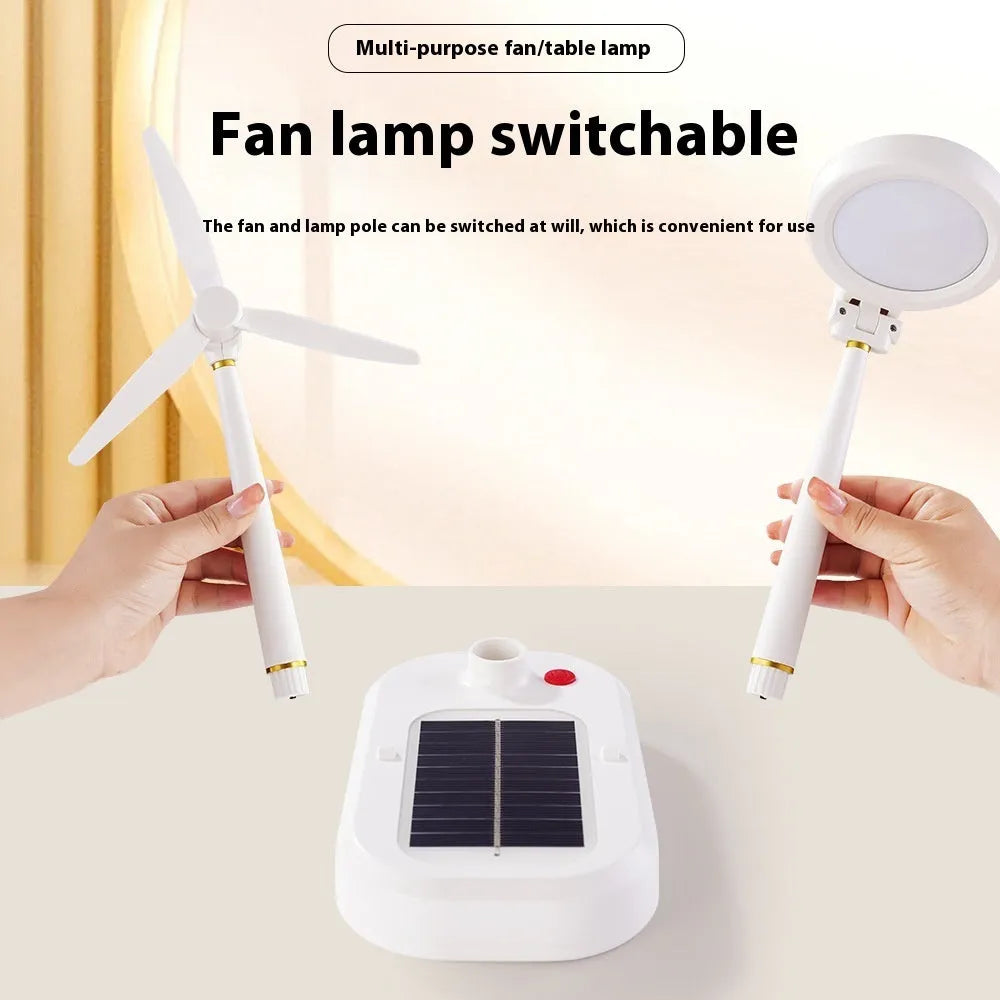 Ivory white solar table fan with LED study lamp showing dual-function design and button controls