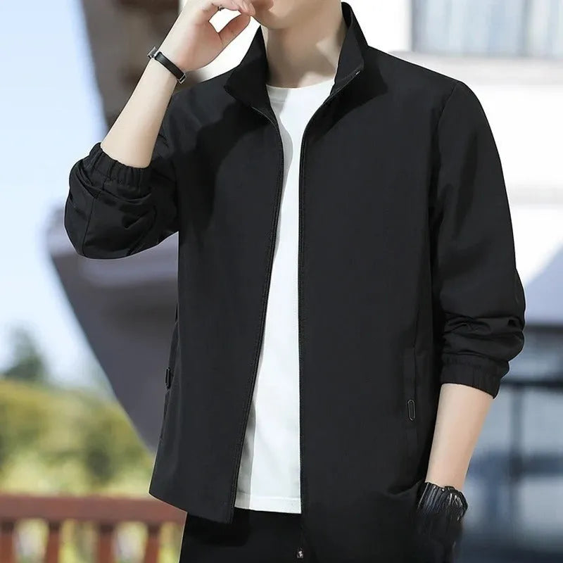Korean-style loose lapel autumn jacket in navy blue with zipper pockets, shown on model for size reference