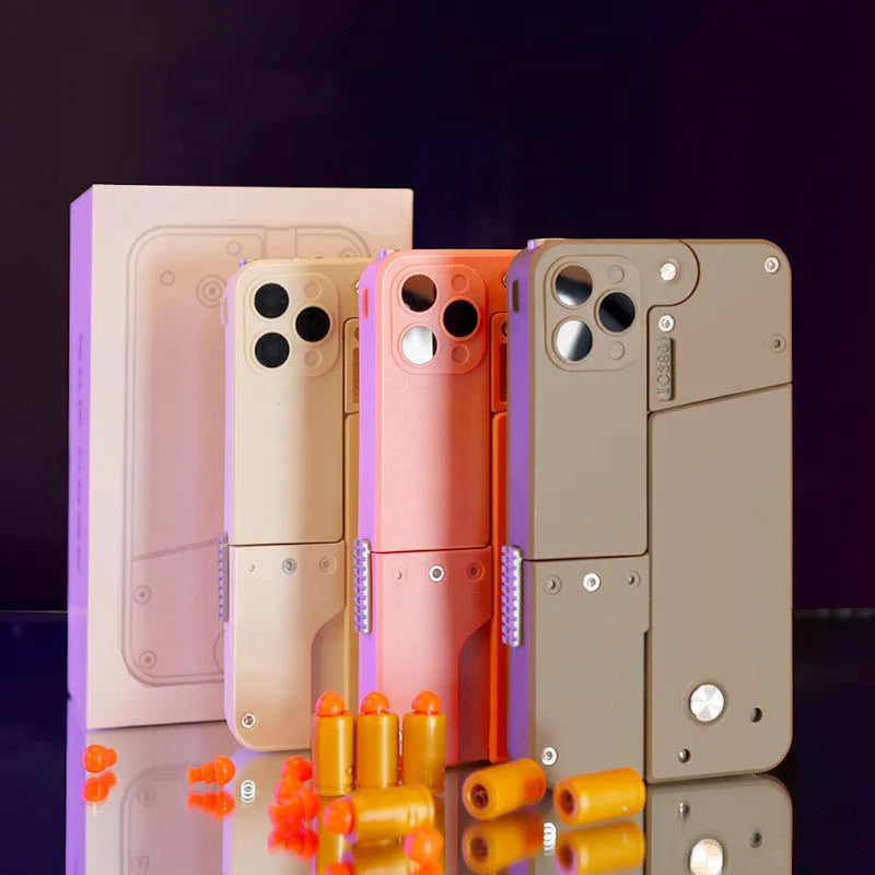 Folding mobile phone toy dart blaster in pink showing double barrels and safe EVA foam bullets