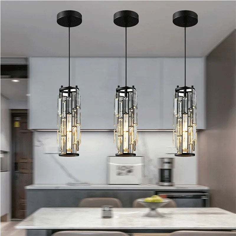 LED single head industrial style crystal droplight chandelier in black, gold, or chrome finish