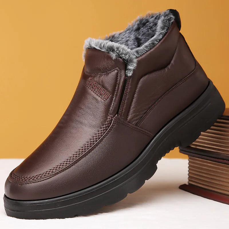 Black and brown waterproof fleece-lined casual winter slip-on shoes with a rubber sole.